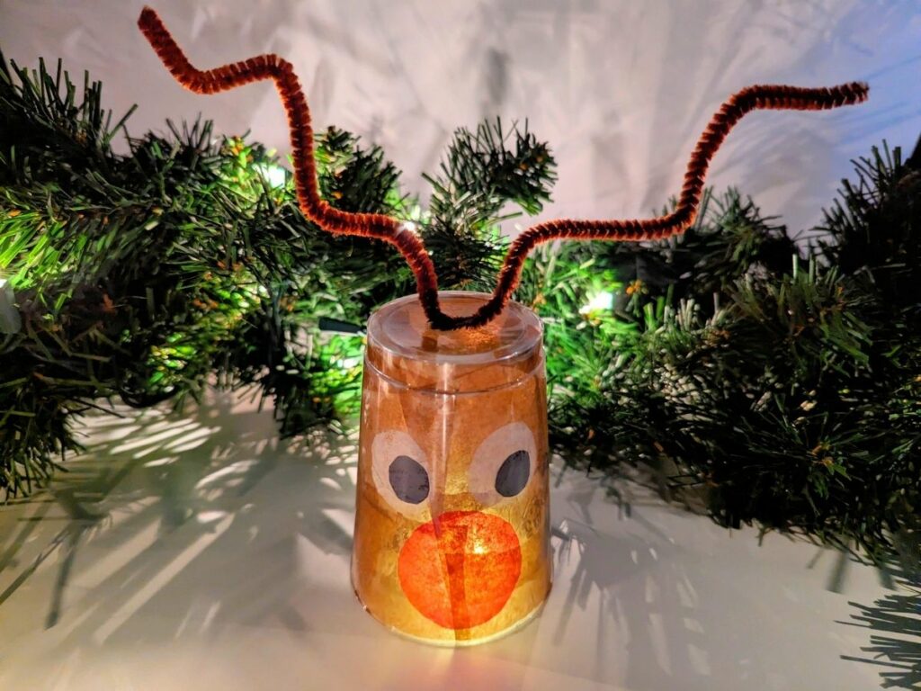 Completed glowing reindeer craft for kids