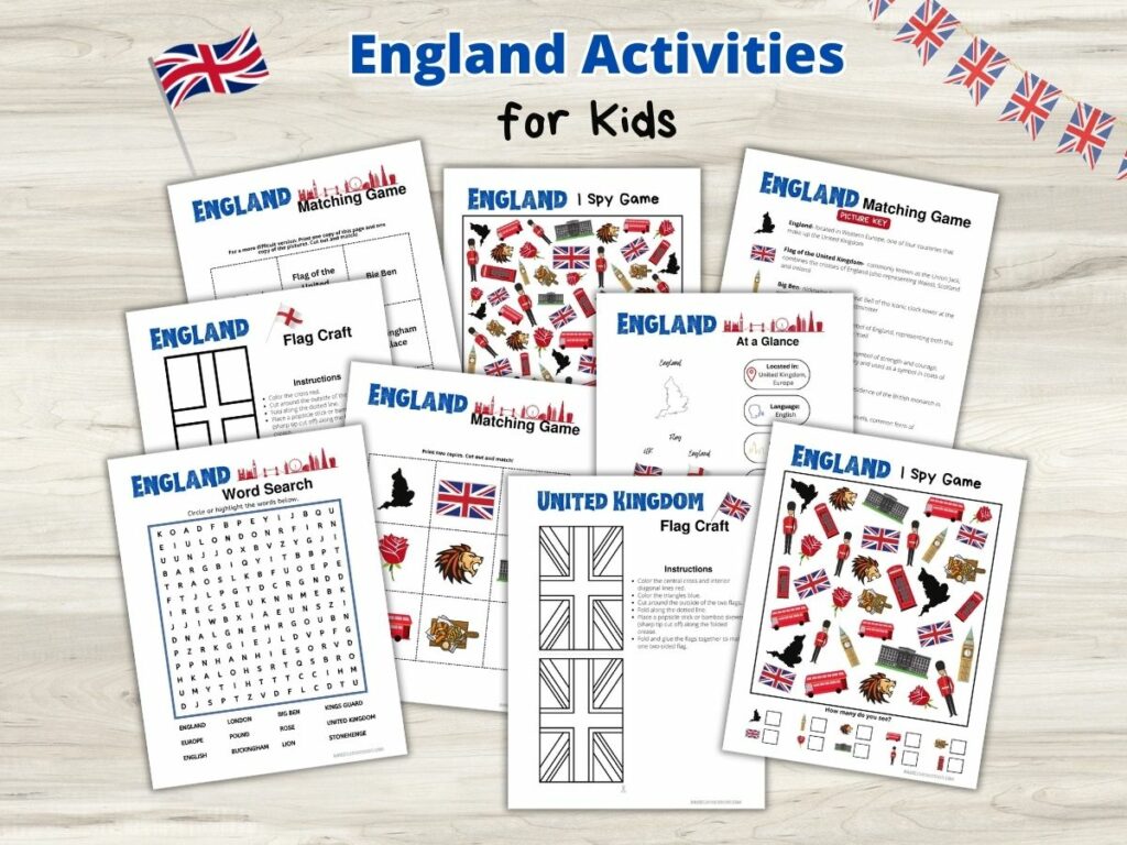 England activities for kids- word search, I Spy game, matching game, flag craft, etc.
