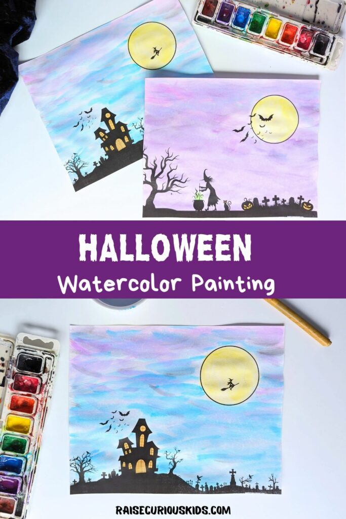 Halloween watercolor painting for kids pinterest pin
