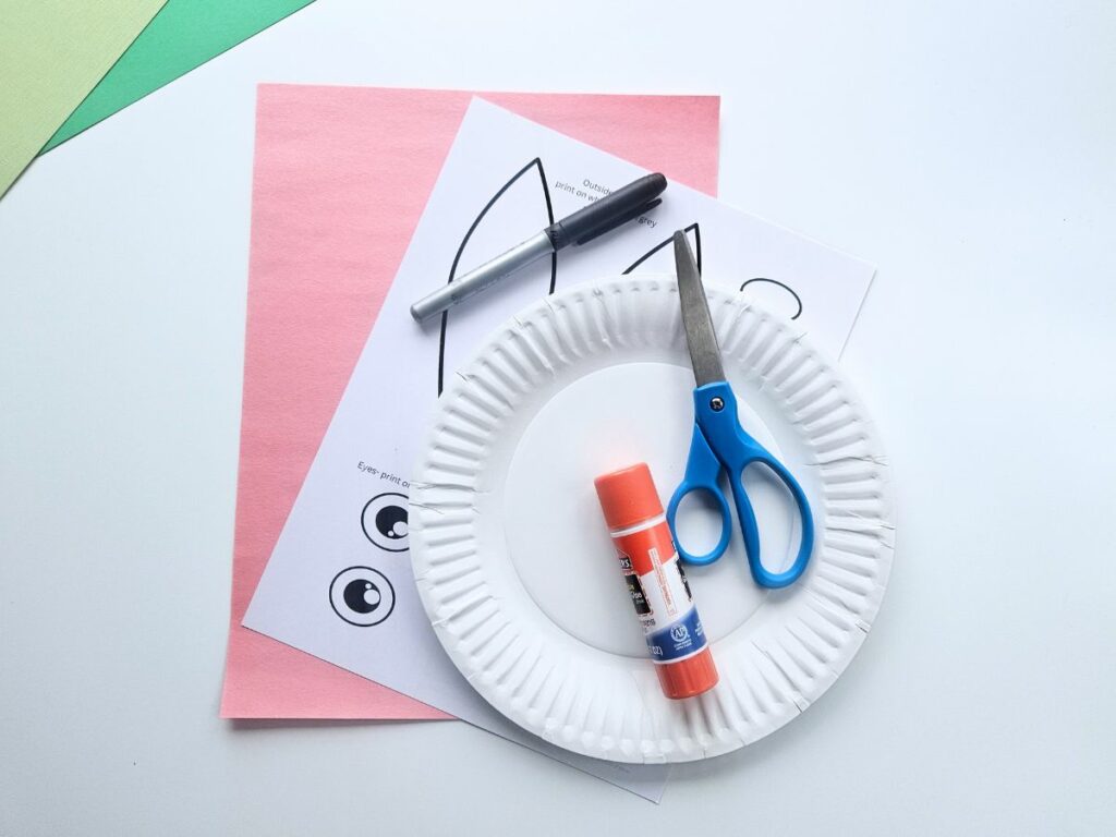 Materials to make a paper plate bunny rabbit craft