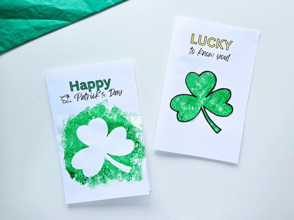 Completed St. Patrick's Day cards used making sponge painted shamrocks