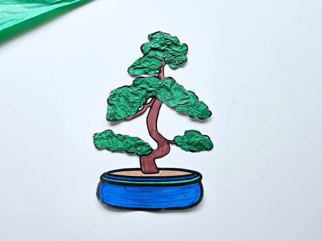 Completed bonsai tree tissue paper craft for kids