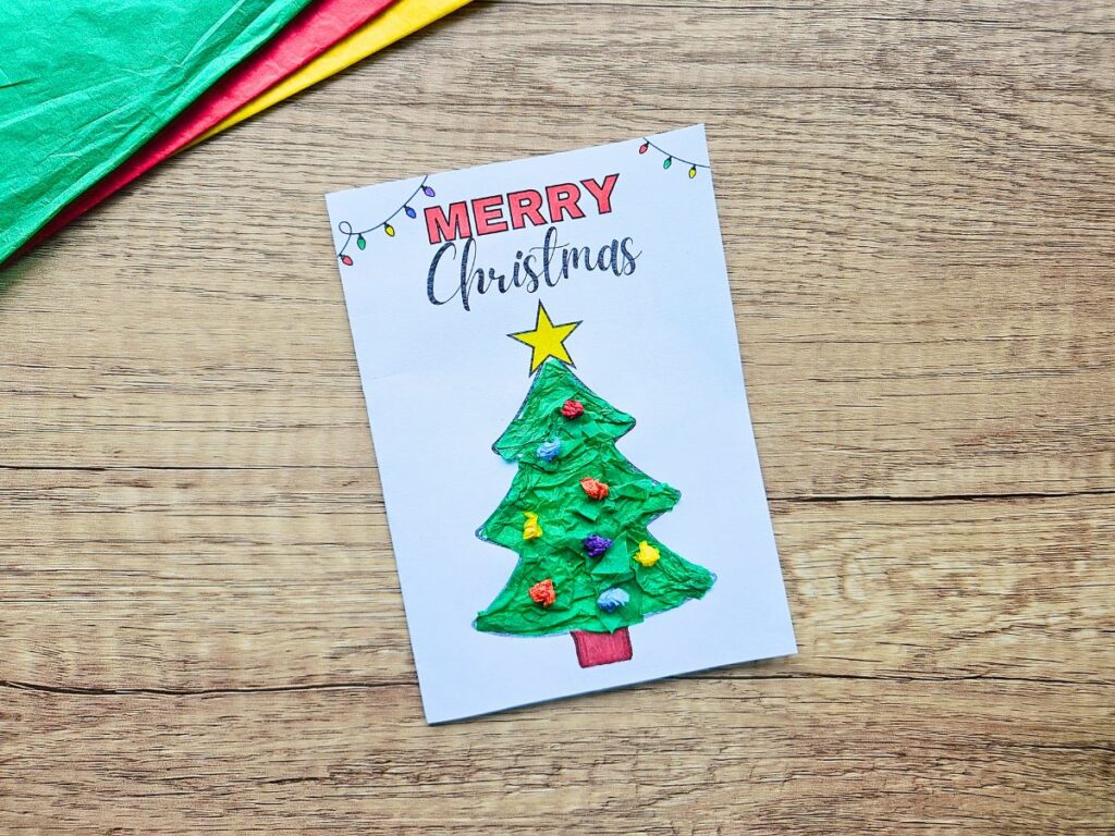 Completed Christmas tree card craft for kids