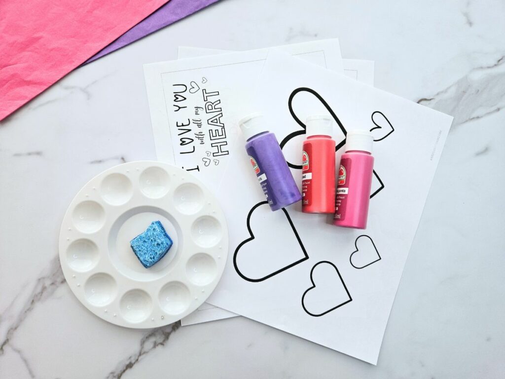 Materials to make the heart sponge stamping craft